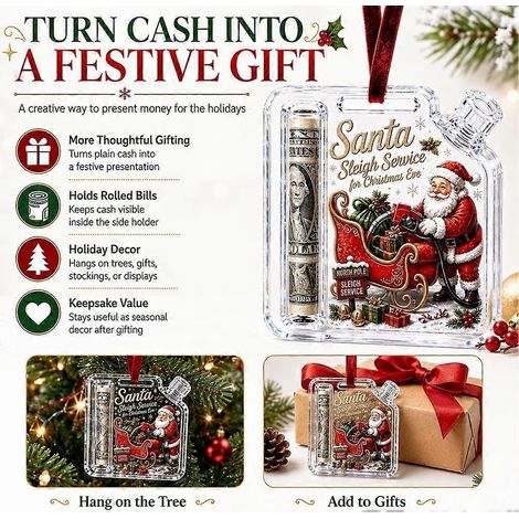 Porte-billets de Noël en acrylique transparent, décoration amusante à suspendre au sapin, ornement de Noël en forme de tirelire, décoration amusante pour offrir de l'argent. (1/3)