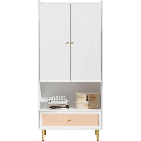 Armadio con 2 ante, grande cassetto in rattan e asta appendiabiti, armadio da camera con gambe e maniglie in metallo, bianco, 80x48x175 cm (1/5)