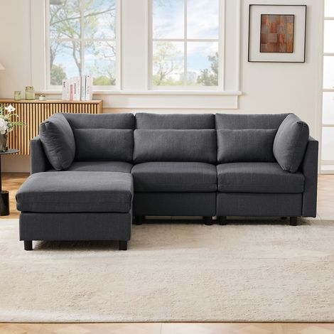 Canapé en tissu moderne angle L 3 places avec pouf pour salon, vidéo disponible