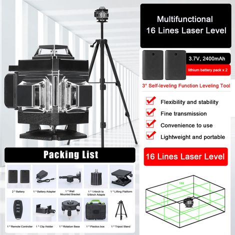 Niveau Laser avec Trepied 4 x 360°, 4D 16 Lignes Laser Chantier avec 2 x 3000mAh Batterie & Affichage LED, Niveau Laser 360 Autonivelant, , Télécommande, IP54 Étanche et Anti-Poussière