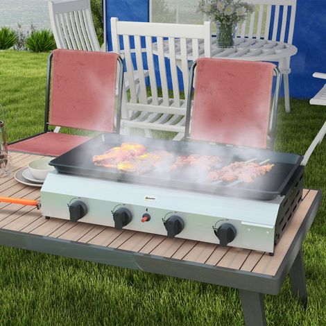 Plancha gaz en acier inox émaillé 4 brûleurs 9.6 kW antiadhésive grande surface de cuisson 73L x 34l cm. transportable