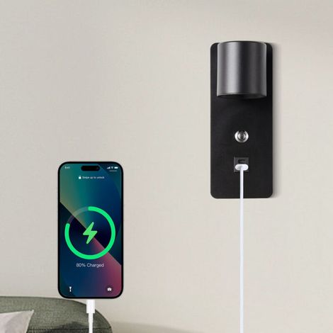 Applique da parete a LED regolabile da 10 W, nera, con temperatura di colore regolabile (3000K/4000K/6000K), interruttore e porte di ricarica USB Type-C e Type-A. (1/4)
