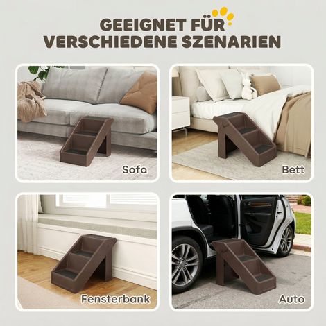 Escalier pour chien, 3 marches, 36,5 cm de hauteur, pliable, pour petits chiens, à utiliser sur un lit, un canapé, un fauteuil ou en voiture, marron (1/5)