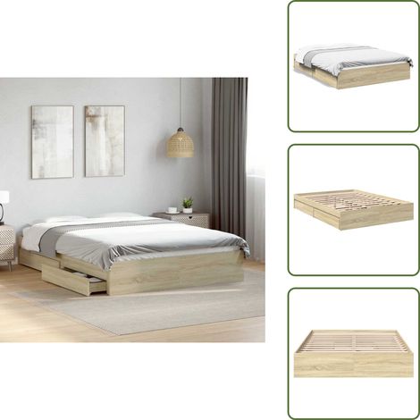 The Living Store Cadre de lit avec tiroirs sans matelas chêne sonoma 120x200 cm - Cadre De Lit - Lit Double - Lit Avec Tiroirs - Meuble Chambre - Rangement Chambre