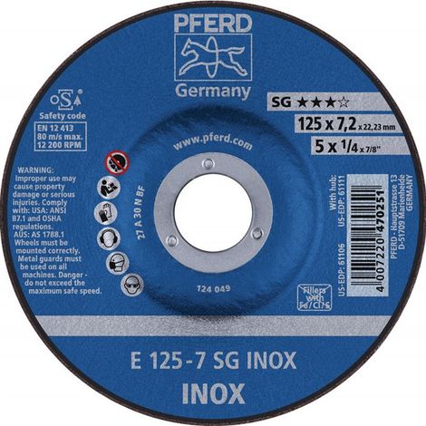SG ACCIAIO INOX Mola D125x 7,2 mm offset acciaio inossidabile 22,23 mm foro PFERD (confezione da 10)