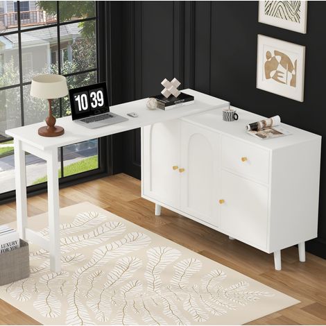 Escritorio 2 en 1 giratorio 120x40x74,5 cm en paneles de madera blanco, modular FloraGrace (1/5)
