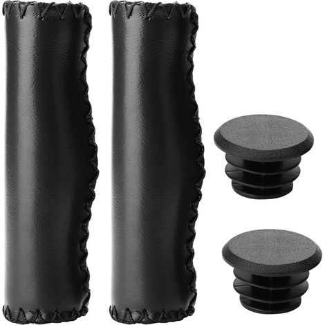 1 Paire de Poignées de Guidon Vélo en PU Coutées Main avec Bouchon (Noir) (1/5)
