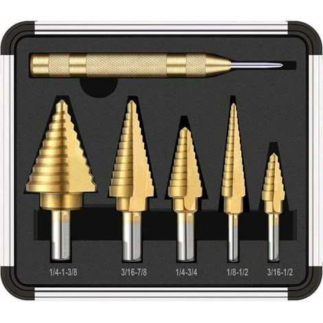 Stufenbohrer, 5-teiliges Titan-Bohrer-Set mit automatischem Körner, HSS- und Titanbeschichtung mit Aluminiumgehäuse, Doppelschneidblatt (50 Größen)