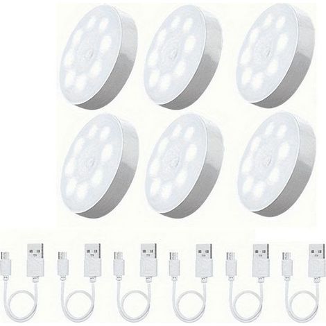 Lot de 6 lampes LED rechargeables USB avec détecteur de mouvement. éclairage d'intérieur à induction alimenté par piles pour placard. idéal pour la maison.