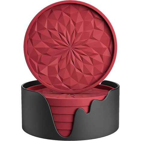 Coupes à dessert en silicone avec supports, lot de 6, dessous de verre pour boissons chaudes ou froides, antidérapants, antiadhésifs, plateau profond, rouge (1/4)