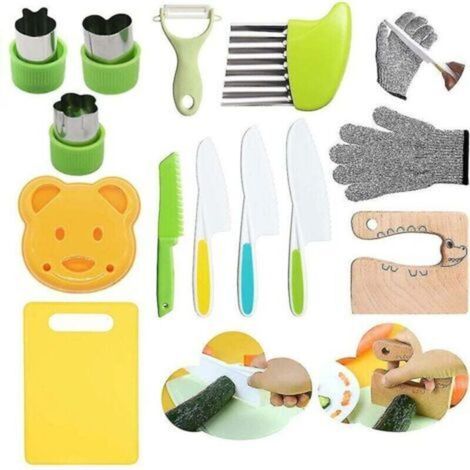 Couteau en bois pour enfants 13 pièces pour la cuisine, couteaux sans danger pour les enfants coupant les légumes et les fruits (1/5)