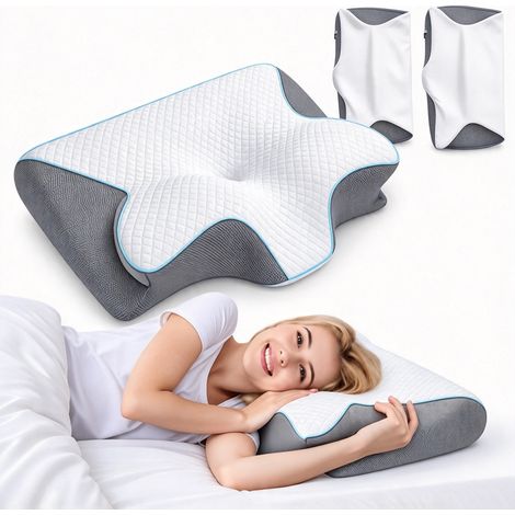 Oreiller ergonomique cervical à mémoire de forme 62x37x12cm – Housse respirante et lavable – Soutien nuque et dos – Mousse CertiPUR-US, gris