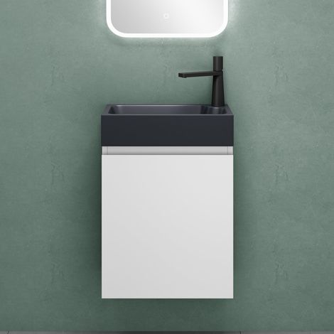Mai & Mai Mobile Bagno Sospeso46x26x63cm in Bianco opaco, Set Mobiletto per Bagno con Lavabo da Minerale fuso in Antracite opaco, Seria Pisa02 (1/5)