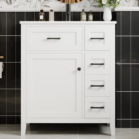 Meuble salle de bain avec vasque céramique 76x46x90 cm, tiroirs silencieux, finition laquée blanche et poignées noires