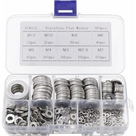LaBlanc - Rondelle in acciaio inossidabile con scatola di immagazzinaggio (confezione da 580) - Assortimento di 9 misure M2, M2,5, M3, M4, M5, M6, M8, M10 e M12 - Confezione di rondelle in metallo - R