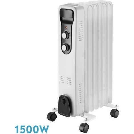 Radiatore a olio Brasilia 1500W, 7 elementi, bianco/nero, termostato antiribaltamento, 59,5x33x24 cm