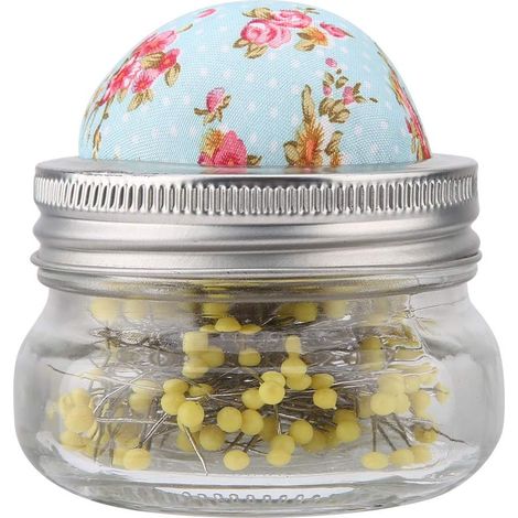 Set di puntaspilli da cucito, 200 spilli da cucito con bottiglia di vetro e coperchio per il puntaspilli, spilli a testa tonda e a testa dritta, set di spilli per quilting (1/3)