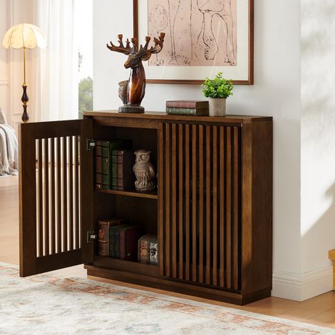 Buffet rangement vintage rainuré en bois foncé et MDF, avec 2 ouvertures arrière pour prises, portes décoratives et espace de rangement pour salon, entrée ou salle à manger CHICFURN (1/5)