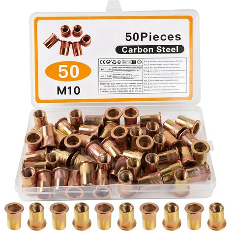 50 Pièces Insert Fileté Metal, Ecrou a Sertir, M10 Écrous à Sertir Rivet Fileté, Écrou de Rivet a Tête Plate en Acier Inoxydable, Manchons Écrous d'Insertion Filetés (1/5)