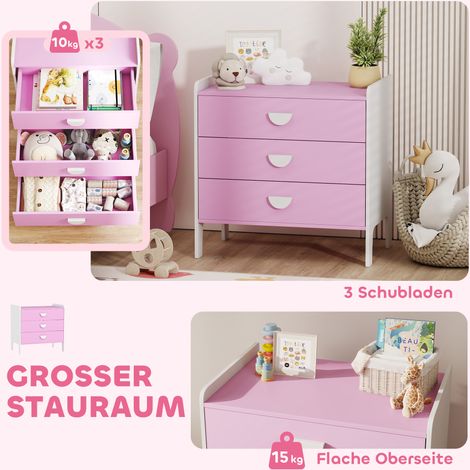 Commode bébé 3 tiroirs, meuble de rangement MDF pour enfant, rose et blanc