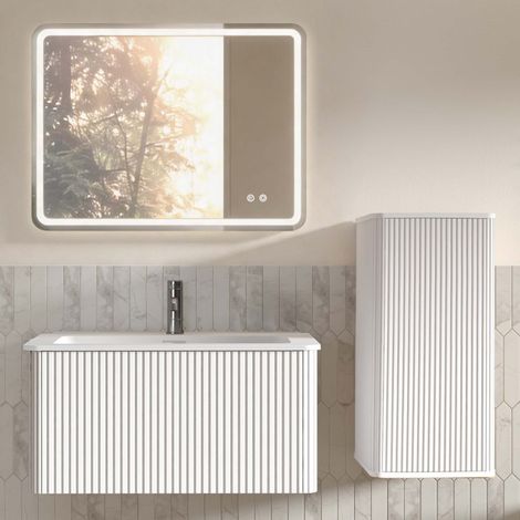 Mueble de baño con lavabo, espejo LED y columna suspendida, blanco DESVIAE (1/5)