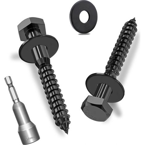 Lot de 10 vis à bois hexagonales M10 x 50 mm avec rondelles, vis hexagonales noires en acier inoxydable A2V2-DIN571, vis à clé avec rondelles et clé à douille (1/5)
