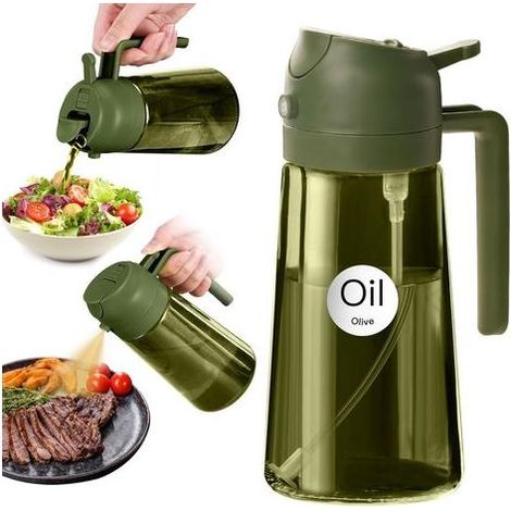 470 ml pulvérisateur d'huile foncé anti-lumière de cuisson 2 en 1 flacon pulvérisateur de qualité alimentaire Bouteille d'huile en verre vert de pour la cuisine (vert olive) (1/5)
