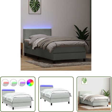 vidaXL LED-Leuchten - Boxspringbett mit Matratze & LED Hellgrau 80x210 cm Samt (1/5)