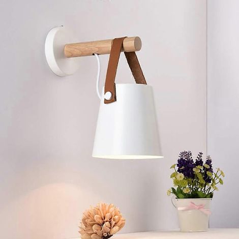 Moderne Wandleuchte aus Holz und Leder mit LED-Beleuchtung, E27-Fassung, für Wohnzimmer, Schlafzimmer, Nachttisch oder Arbeitszimmer, Weiß