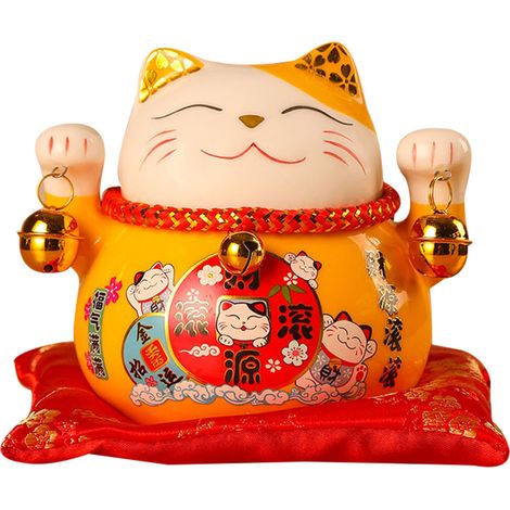 Tirelire Chat Porte-Bonheur 11,5cm Jaune - Pot à Monnaie Céramique Délicat Mignon, Décoration Bureau Souhait Chance (1/5)
