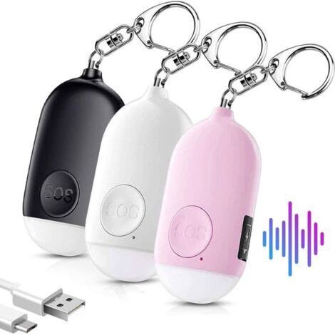 Personal Alarm for Women, Self Defense Keychain, Police Approved Safety, 130dB Rechargeable LED Flashlight, Waterproof, for Elderly and Kids, 3 Pack, White, Black, (1/4)