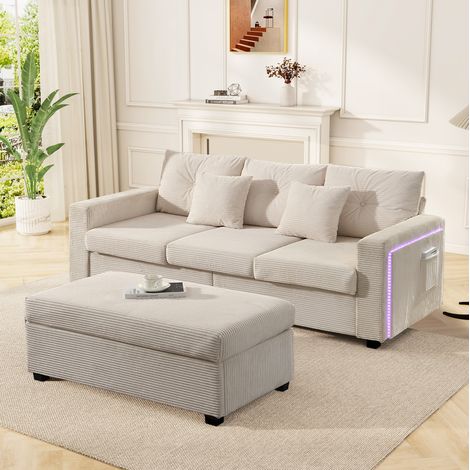 Divano angolare modulare 184x84.5x85.5 cm beige in velluto a coste con LED e pouf amovibile (1/5)