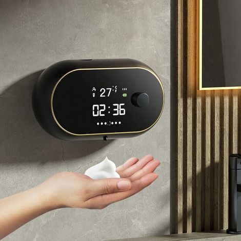 Dispensador automático de jabón en espuma con pantalla de tiempo y temperatura, carga por USB, inducción del cuerpo humano, color negro (1/4)