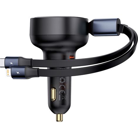 Cargador de coche para iPhone de 60 W con USB-C y cable USB-C retráctil, negro (1/5)