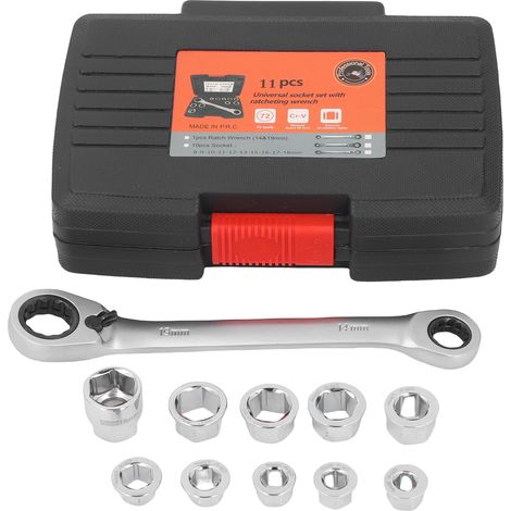 Clé cliquet réversible 14-19mm 72 dents 12 points double caisse – 10 têtes remplacement, outil pro automobile (1/5)