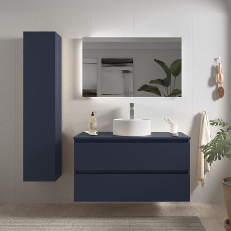 Meuble de salle de bain BEQUIA 100cm Bleu mat Vasque à poser (1/5)