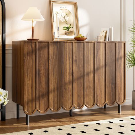 Sideboard aus MDF in Walnussoptik 120x35x80 cm mit Wellentüren, verstellbaren Einlegeböden und Push-System (1/5)