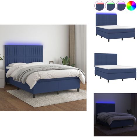 Sommier à lattes de lit et matelas et LED Bleu 140x190 cm Tissu - Sommier Tapissier - Lit Bleu - Matelas Ressort Ensaché - LED - Chambre À Coucher (1/5)