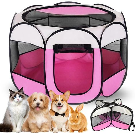 Enclos pliable pour chiots, chats, petits animaux, 74 x 74 x 43 cm, pour la maison, pour chiens, chats, lapins, intérieur et extérieur (rose) (1/5)