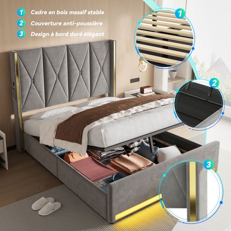 Lit en velours avec tête de lit haute, rembourrée et capitonnée, poches latérales, USB et LED, système de levage hydraulique et grand espace de rangement sous le lit – allie design, confort et pratici (1/5)