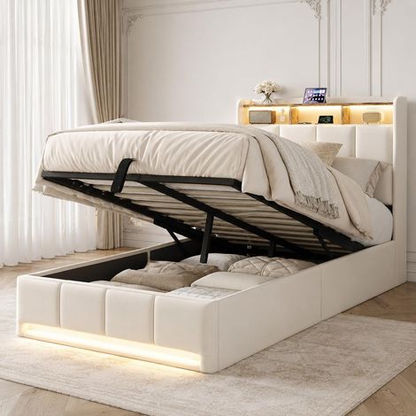 Cama individual con canapé abatible 90x200 cm, cabecero con puertos de carga USB y USB-C, iluminación LED y compartimentos, somier de láminas, beige (1/5)