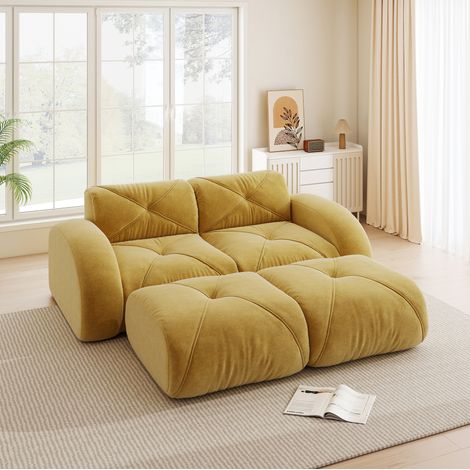 Modulares 2-Sitzer-Sofa gelb aus Chenille mit 2 Hockern und rahmenlosem Design (1/5)
