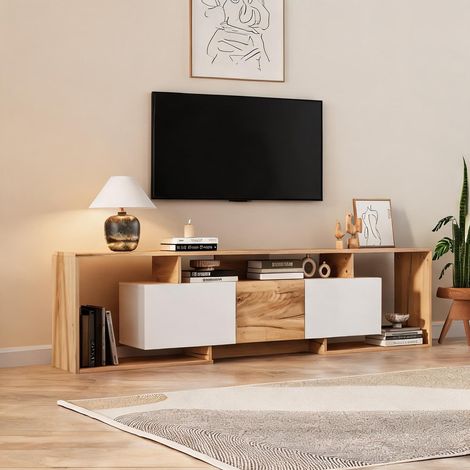 Meuble TV 180 cm avec rangements et portes blanc et bois (1/5)