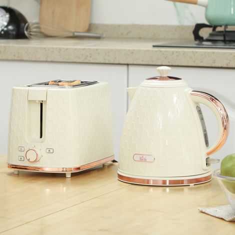 Stylish Beige 1.7L Fast Boil Kettle with Two-Slice Toaster Set-Seven Browning Levels,Auto Pop-Up and Easy Clean Design