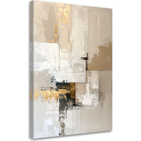 Toile Imprimée, Abstraction lumineuse en beige avec des accents noirs et dorés,20x30 (1/4)