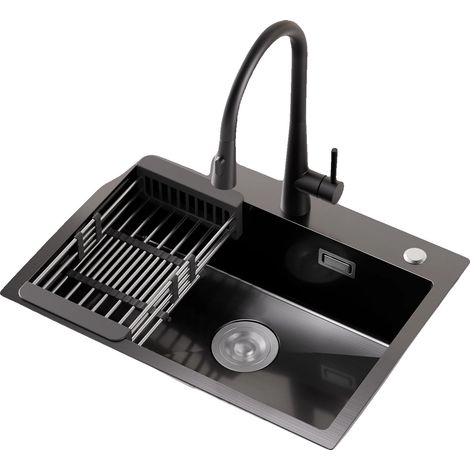 Évier de cuisine, matériau en acier inoxydable, design à un bol, noir (1/5)
