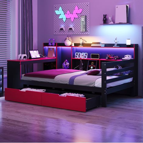 Bett multifunktional aus Holz 90x200 cm Schwarz/Rot mit Schreibtisch, LED, Steckdosen und 2 Schubladen (1/5)