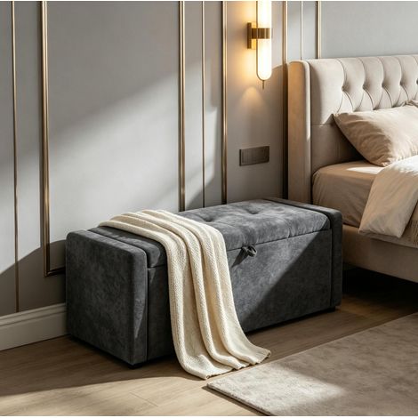 Banco de almacenamiento tapizado gris oscuro con arcón integrado, asiento para 2 personas, 122 cm (1/5)