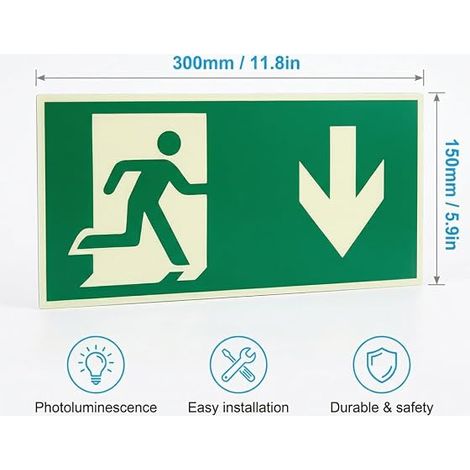 Photoluminescent Emergency Exit Sign Self Adhesive Weatherproof Fade Resistant Evacuation Signs 300 x 150 mm (1/4)
