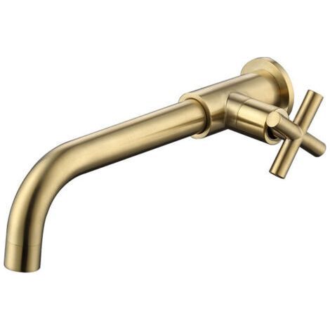 Grifo mezclador de lavabo de latón, montaje en pared para agua fría, soporte de pared para agua fría, conexión de pared para bañera de 1/2 pulgada, acabado dorado cepillado. (1/4)